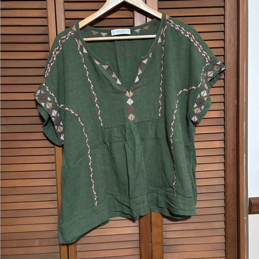 Lucky Brand Olive Embroidered Blouse